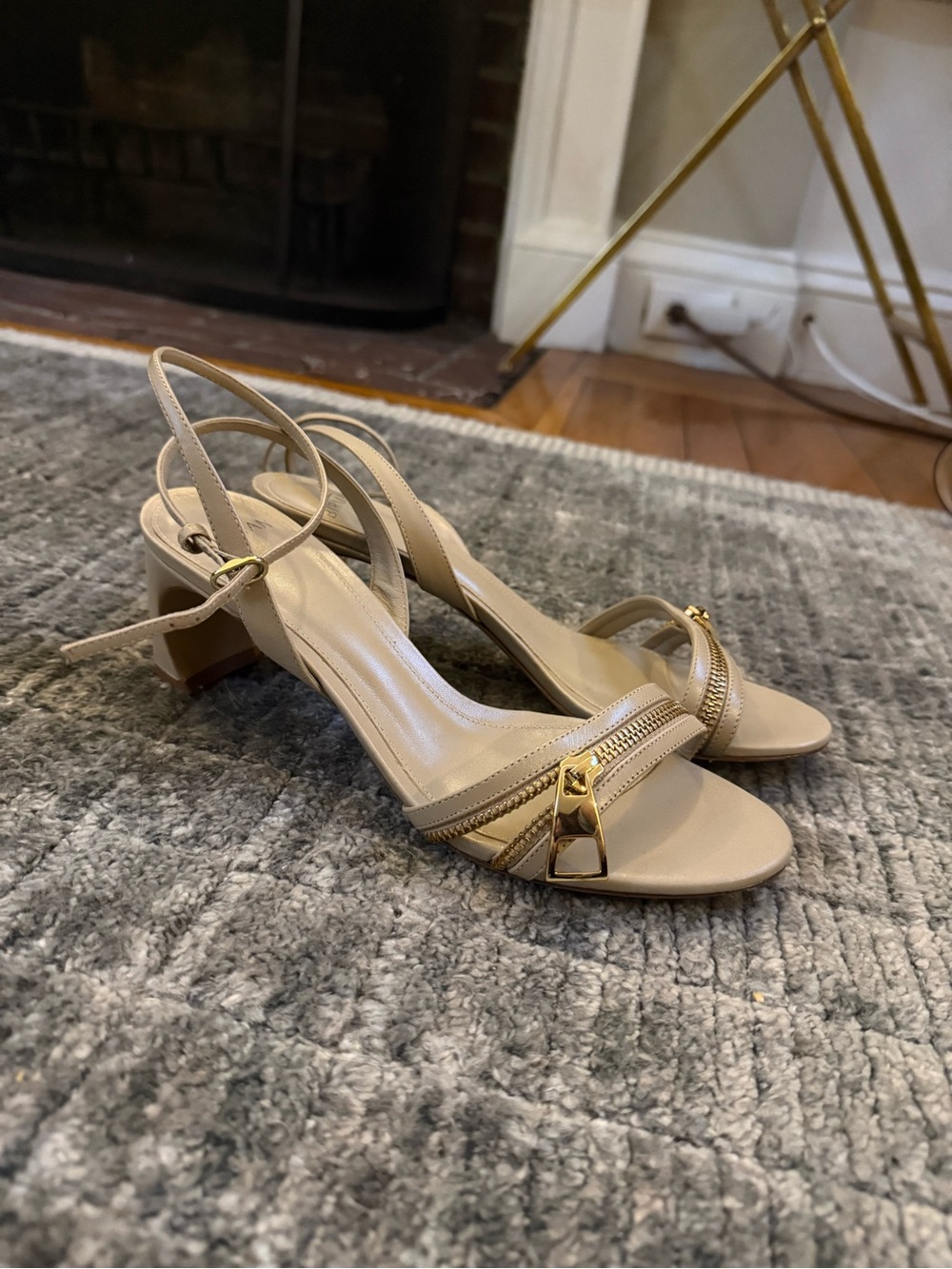 Alexandre Birman Women's Beige Strappy Low Block Heel Sandals with Gold Zipper